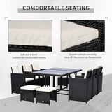 Outsunny 11 Pieces Patio Wicker Dining Sets, Space Saving Outdoor Sectional Conversation Set, with Dining Table, Ottoman and Chair & Cushioned for Lawn Garden Backyard, Cream White Outsunny