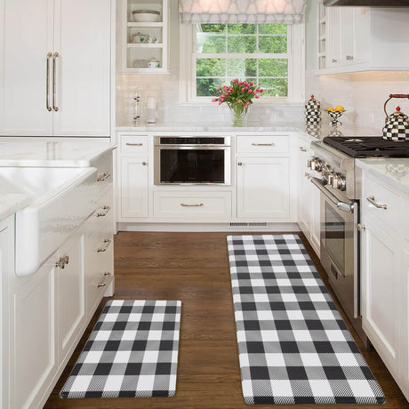 MAYHMYO 2 PCS Anti Fatigue Rugs Non Skid Waterproof Floor Mat Cushioned Black and White Farmhouse Comfort Standing Kitchen Mats for Floor, House, Sink, Office MAYHMYO
