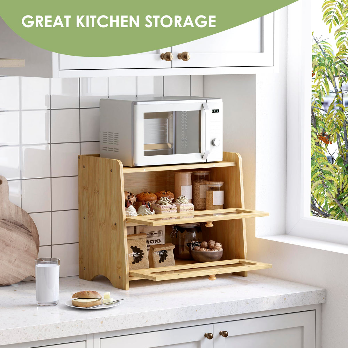 JANSNIMEN Double Layer Bread Box for Kitchen Countertop, Large Breadbox Bread with Windows, Wooden Farmhouse Bread Holder (Natural Bamboo) JANSNIMEN