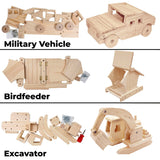 Kraftic Woodworking Building Kit for Kids and Adults, 3 Educational DIY Carpentry Construction Wood Model Kit STEM Toy Projects for Boys and Girls - Wooden Military Vehicle, Excavator and Bird-Feeder Kraftic