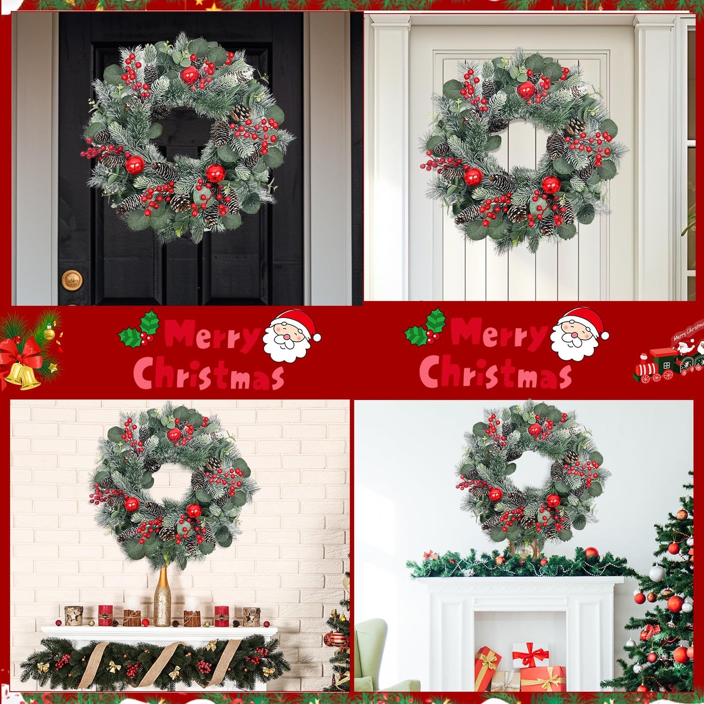 podafu 22 Inch Christmas Wreath Christmas Wreaths for Front Door Artificial Winter Wreath with Red Balls Holly Berries Pine Cones and Eucalyptus Leaves for Xmas Holiday Wall Fireplace Porch