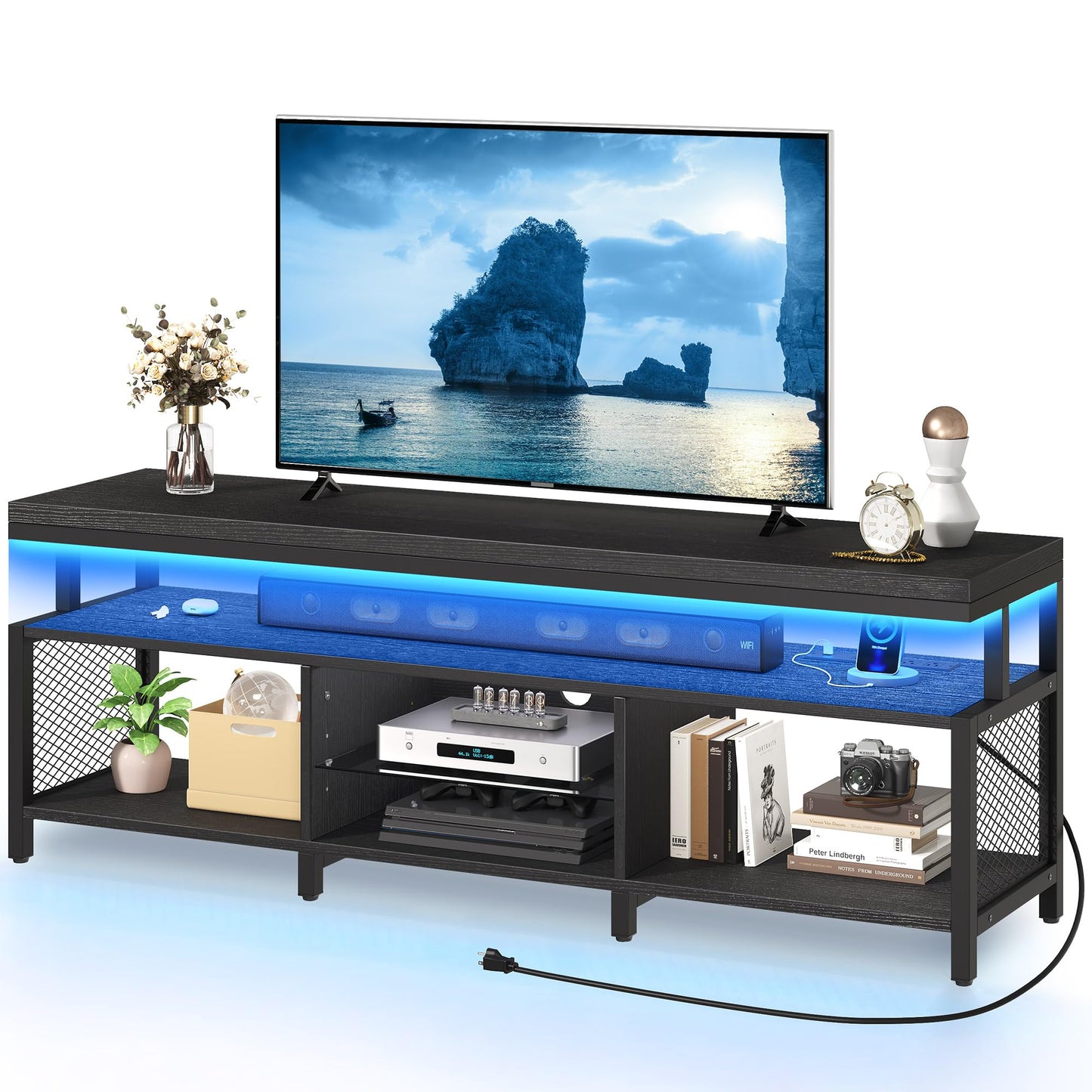 YITAHOME LED Television Stands w/Power Outlets for 70/65 inch, Modern Industrial TV Stand, Entertainment Center w/Open Storage TV Table, Entertainment Center for 360lbs for Living Room,Black - WoodArtSupply