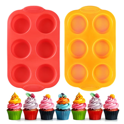 MONGSEW 2PCS Silicone Muffin Cupcake Pan Molds, 6-Cavity Non Stick Silicone Muffin Pans for Baking Muffin, Cupcakes, Brownies and More, Food Grade and BPA Free (Orange and Red)