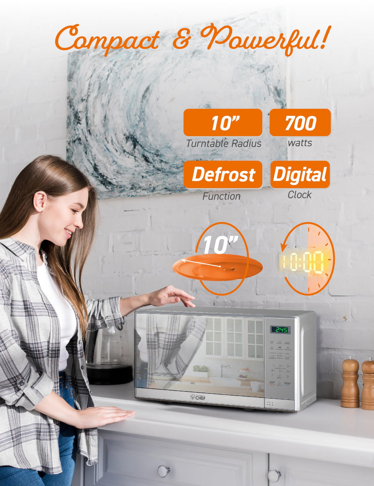 COMMERCIAL CHEF 0.7 Cu Ft Microwave with 10 Power Levels, 700W Microwave with Digital Display, Countertop Microwave with Child Safety Door Lock, Programmable with Push Button, Stainless Steel Commercial CHEF