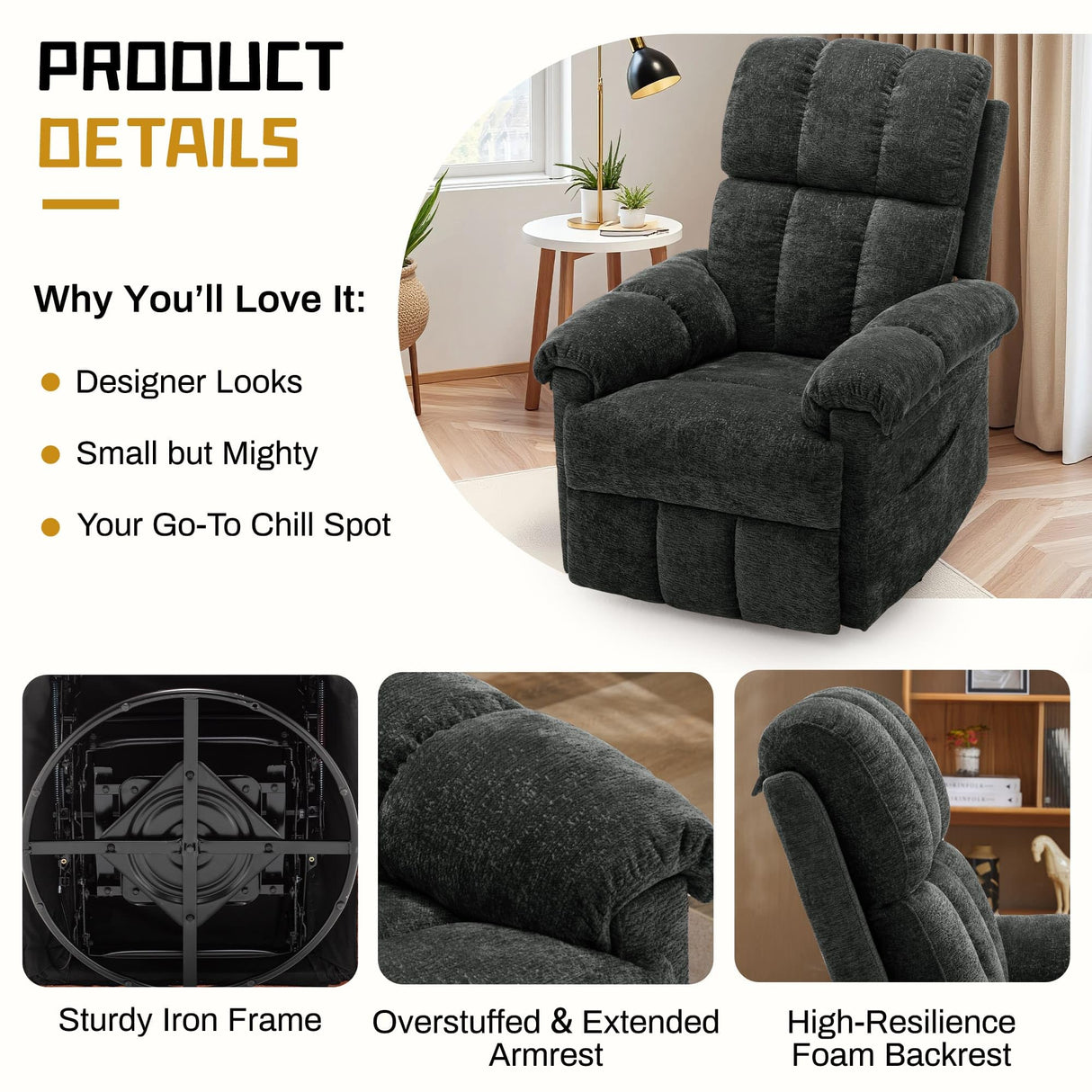 Korser Recliner Chair, Swivel Rocker Recliner Chair for Adults, Small Recliners for Small Spaces, Upholstered Manual Recliner with Side Pockets, Nursery Rocking Chair for Living Room, Chenille, Black Korser