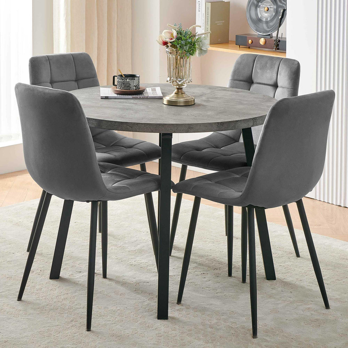 somedream Modern 4-Person Round Dining Table Set, Space-Saving for Kitchen, Living Room, Apartment, includes Dining Table & 4 Grey Chairs,Small Dining Room Set for 4 somedream