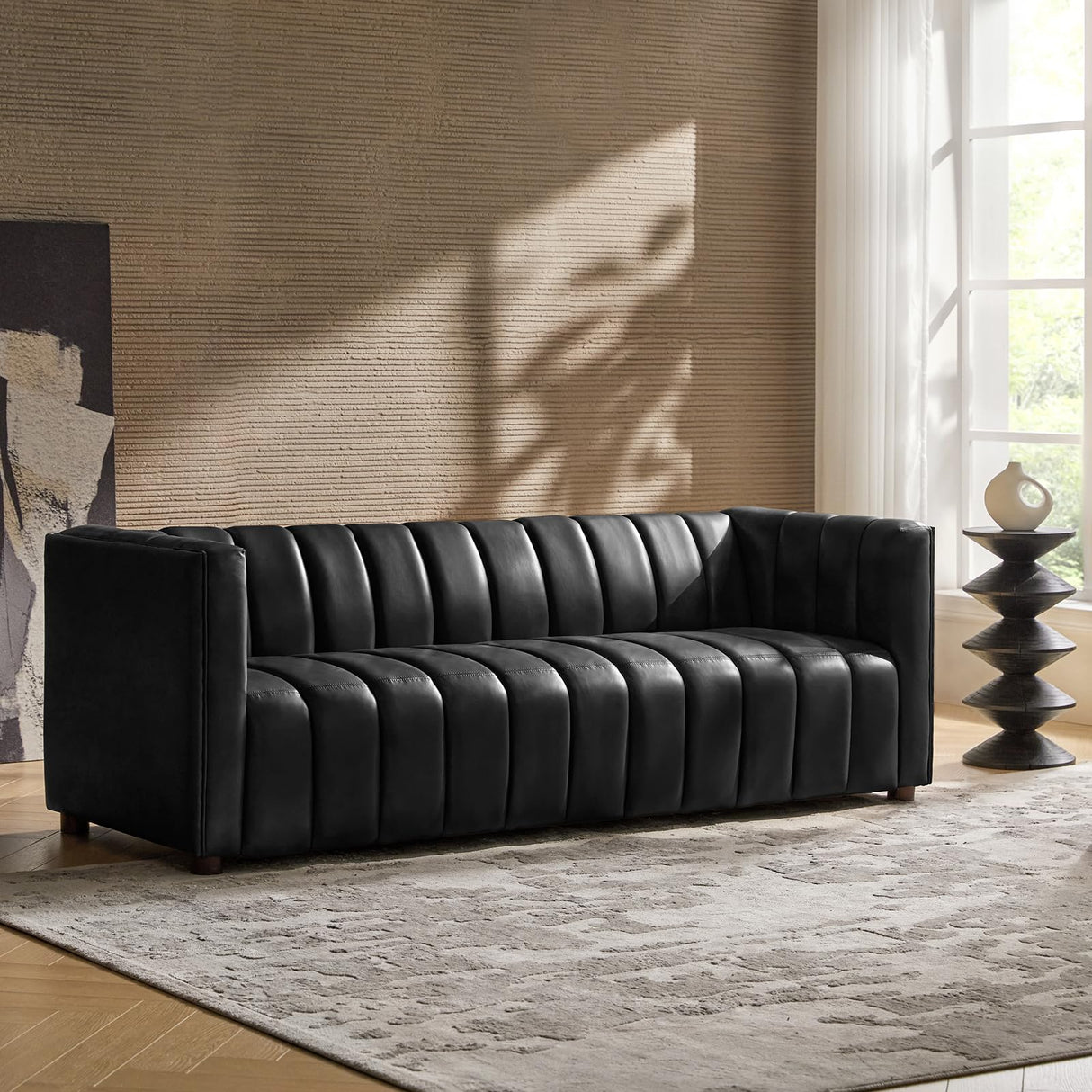 HULALA HOME 83" Genuine Leather Sofa with Channel Tufted Design, 3-Seater Sofa for Living Room Bedroom, Modern Oversized Couch with Wood Legs, Black HULALA HOME