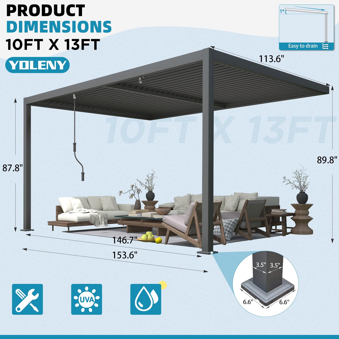 YOLENY Louvered Pergola 10x13, Wall-Mounted Aluminum Pergola with Adjustable Waterproof Roof, Outdoor Hard Top Lean-to Pergola for Backyard, Garden, Lawn, Dark Grey