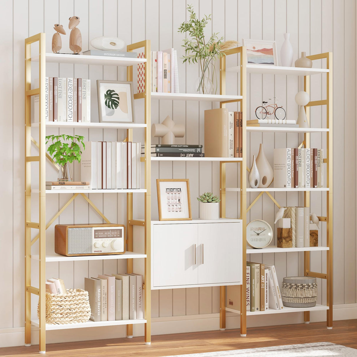 Yusong Bookshelf Triple Wide 5 Tier Bookcases with Storage Cabinet, Industrial Large Modern Tall Bookshelves with 12 Open Display Shelves for Living Room Office Bedroom, White and Gold Yusong