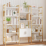 Yusong Bookshelf Triple Wide 5 Tier Bookcases with Storage Cabinet, Industrial Large Modern Tall Bookshelves with 12 Open Display Shelves for Living Room Office Bedroom, White and Gold Yusong