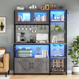 Itaar 45.3 Inch Farmhouse Bakers Rack with Power Outlet, LED Light and Storage Solutions in Grey Itaar