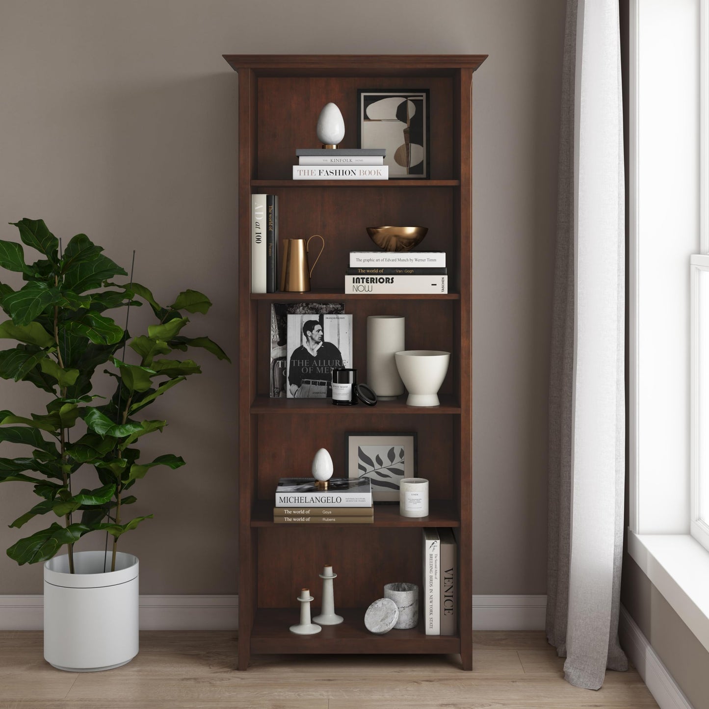 SIMPLIHOME Amherst SOLID WOOD 30 Inch Transitional 5 Shelf Bookcase in Russet Brown, For the Living Room, Study Room and Office - WoodArtSupply