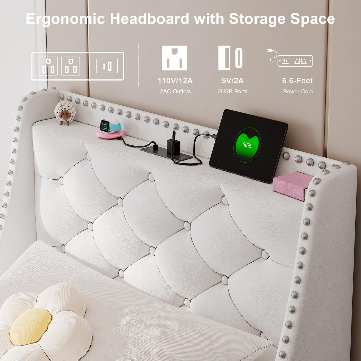 Feonase Velvet Twin Bed Frames with Luxury Wingback and Fast Charging Station,Twin Size Upholstered Button Tufted Storage Headboard Platform Bed,Wooden Slats Support,Noise-Free,Easy Assembly,White Feonase