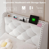 Feonase Velvet Twin Bed Frames with Luxury Wingback and Fast Charging Station,Twin Size Upholstered Button Tufted Storage Headboard Platform Bed,Wooden Slats Support,Noise-Free,Easy Assembly,White Feonase