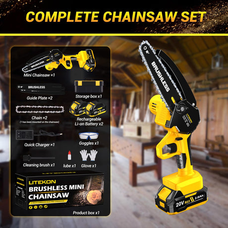 Cordless Mini Chainsaw, 1000W High Power Brushless Power Chainsaw, 2025 Upgraded 6 Inch Electric Chain Saw with 4000mAh Lithium-Ion Battery and Charger for Garden Yard Tree Branch Wood Cutting LITEKON