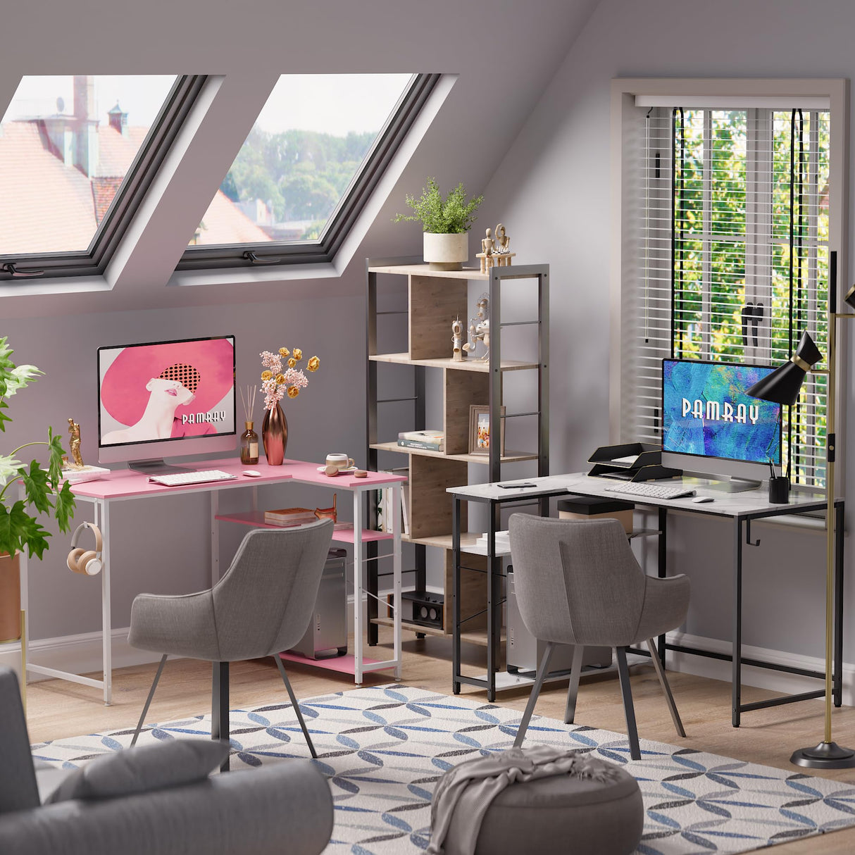 Pamray 43 Inch L Shaped Computer Desk with Reversible Side Storage Shelves, Small Corner Desk for Small Space Home Office,Writing Study Table PC Desk for Bedroom,Pink with White Leg Pamray