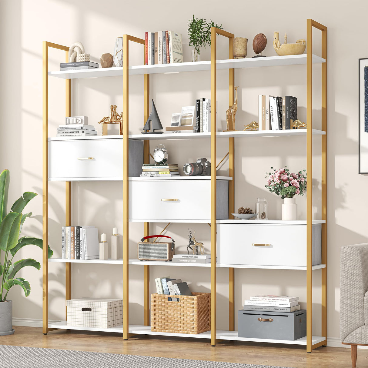 Nosepen 73.6" Tall Bookshelf with 3 Drawers and 16 Storage Shelves, Industrial Bookcase with 16 Open Display Shelves, Large Etagere Bookshelf, Triple Wide Book Shelf Book Case for Home & Office, Gold Nosepen