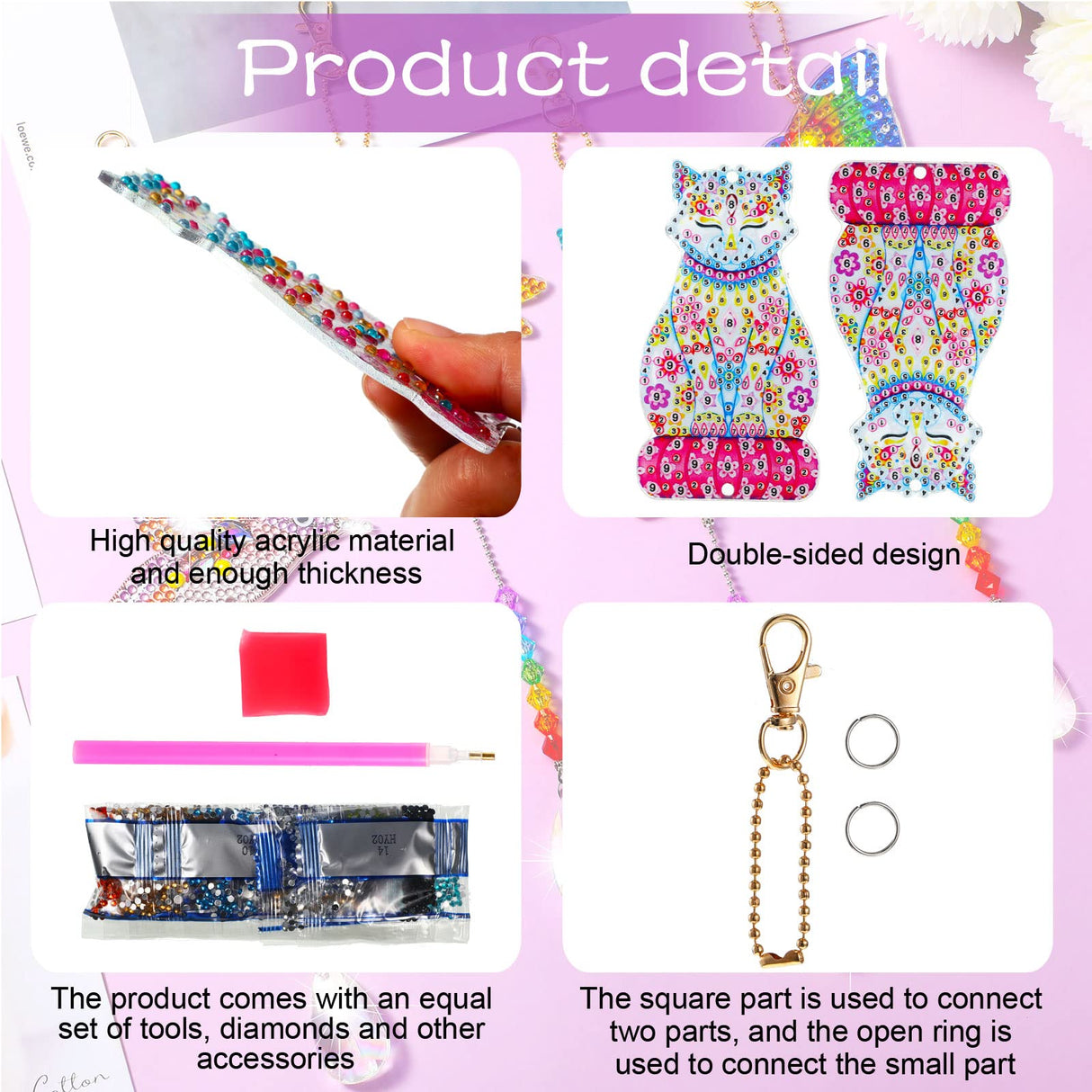 Queekay 4 Pieces Diamond Painting Sun Catcher Tree Ornament DIY Wind Chime Kit Hanging Double Sided Hummingbird Butterfly Cat Peacock Shape Crystal Art Ornament forGarden Decoration Queekay