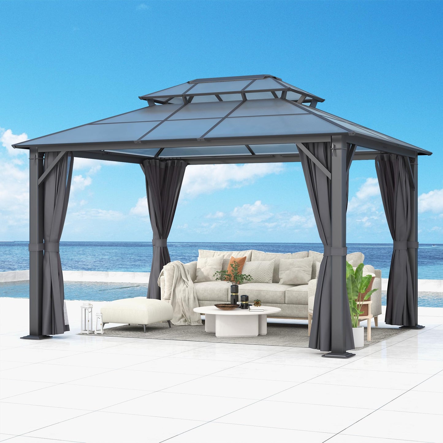 GARTOO 10’x12’ Patio Polycarbonate Canopy Gazebo, Outdoor Double Roof Gazebo with Steel Frame, Backyard Gazebo with Breathable Netting and Curtains - Perfect for Patio, Lawn, Garden, Poolside