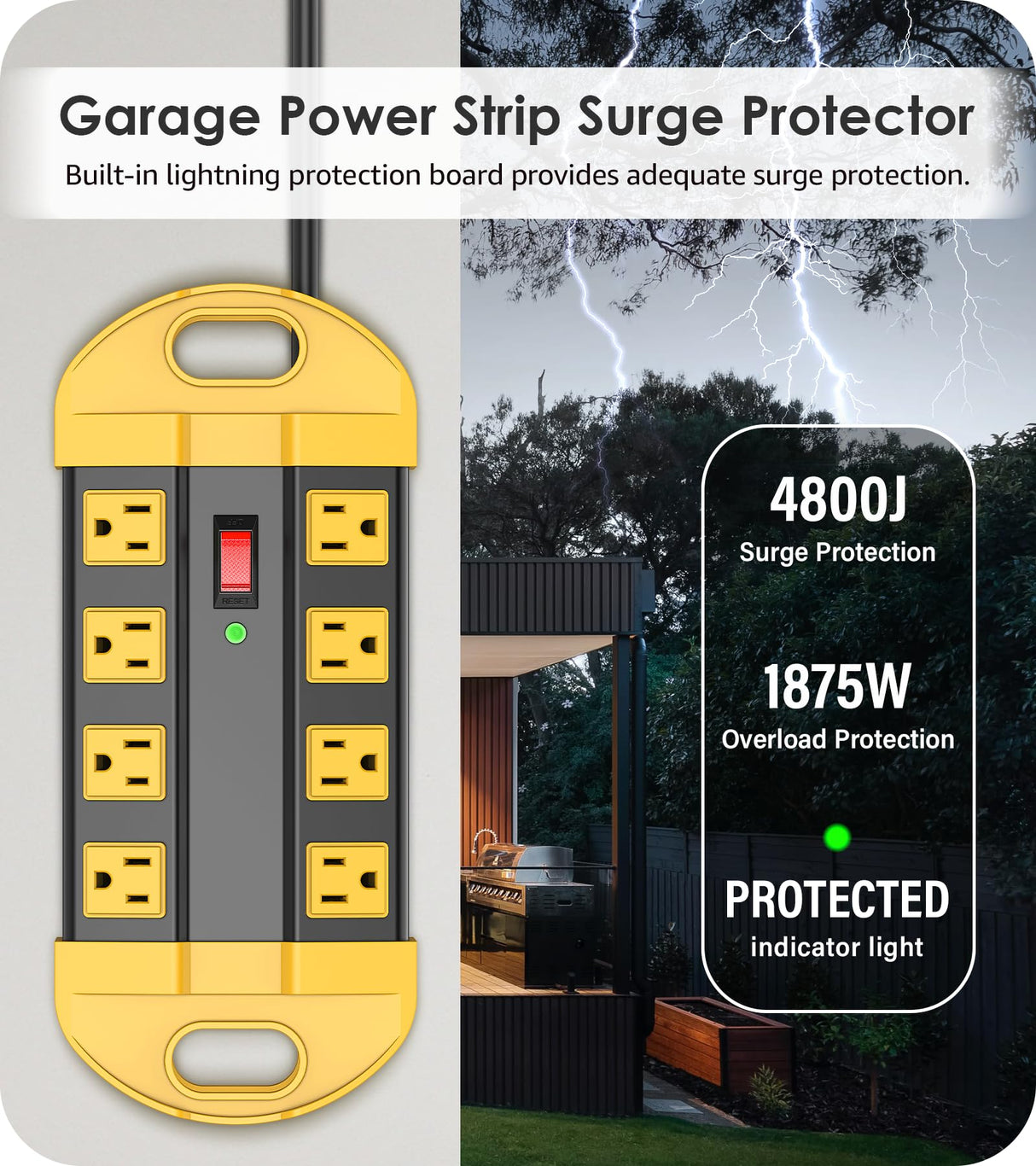 CCCEI Heavy Duty Power Strip Surge Protector, Metal 8 Outlets Power Strip for Appliance. Garage Shop Industrial Workbench 15 AMP Outlets Strip. 6FT Extension Cord, Yellow CCCEI