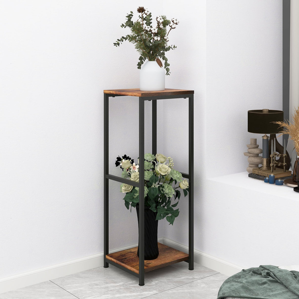 NOAMOO 32 inch Tall Metal Wood Plant Stand, Tier Potted Plant Shelf for Indoor, Flower Pot Holder for Corner Living Room Patio Balcony Garden, Kitchen and Bathroom Display Rack, Brown NOAMOO