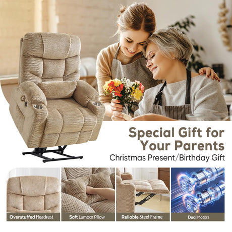 ABCASA Oversized Dual Motor Lay Flat Power Lift Recliner Chair with Massage, Heating, Lumbar Pillow, USB & Type-C Ports, Textile Lift Chairs Recliners, Large Recliner for Big & Elderly People - Beige ABCASA