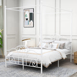 AUFANK Full Size Four-Poster Metal Canopy Bed Frame with Headboard and Footboard Sturdy Slatted Structure No Box Spring Needed White AUFANK