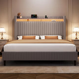 King Bed Frame with 55.3" Tall Headboard, Corduroy Upholstered Platform Bed with LED Lights & Charging Station, Wingback Storage Headboard, Solid Wood Slats,Noise Free,No Box Spring Needed,Gray Brown Welzona
