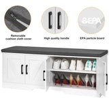 HOMSHO 2-Tier Storage Bench, Shoe Bench with Padded Seat Cushion, Entryway Bench with 4 Barn Doors, Adjustable Shelf, 13.8" D x 47.2" W x 17.7" H, for Entryway, Living Room, Bedroom, White HOMSHO