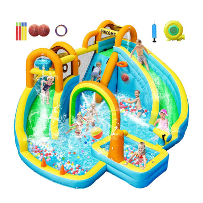 FINCOME Inflatable Water Slide, Bounce House with 2 Slide for Kids, Inflatable Waterslide Park with Splash Pool, Basketball Hoop, Ball Shooting & Water Cannon for Backyard, Outdoor, Indoor