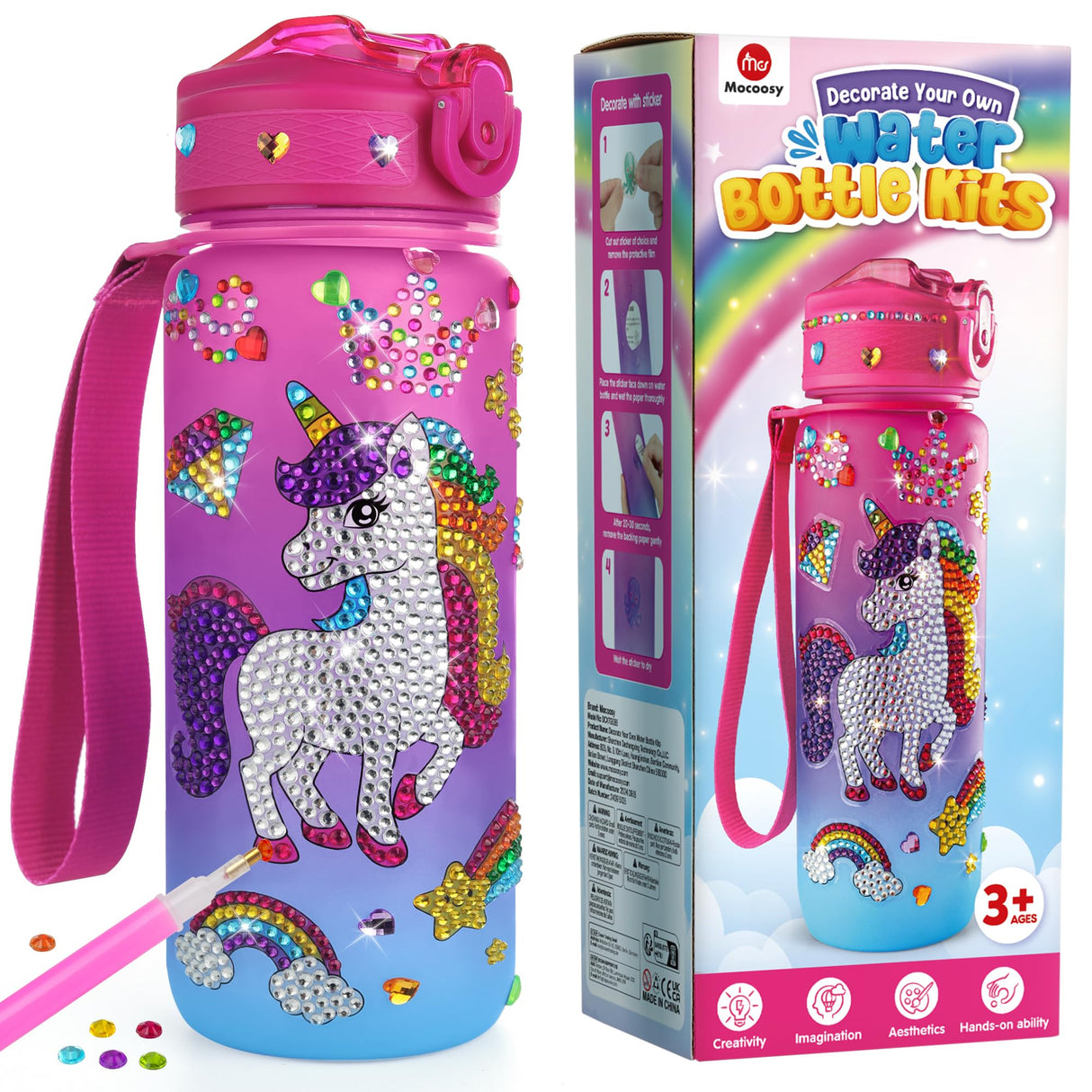 Mocoosy Decorate Your Own Water Bottle Kit for Girls, Art Crafts for Kids Ages 4-6-8-12, Unicorn & Mermaid Diamond Art Painting Toys Summer Craft Activity Birthday Gift Ideas for Girls 5-10 Years Old Mocoosy