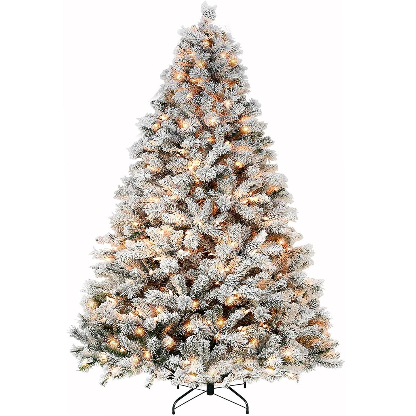 Hykolity 7.5 ft Snow Flocked Christmas Tree with Pine Cones, Artificial Christmas Tree wih 450 Warm White Lights, 1446 Tips, Metal Stand and Hinged Branches