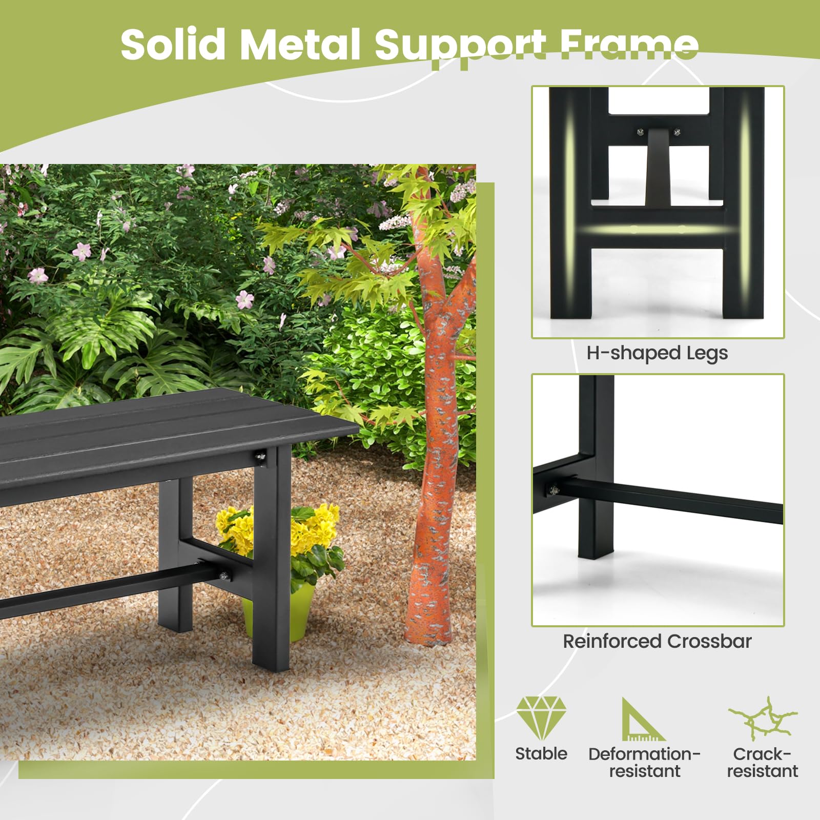 Tangkula 47” Black Outdoor Garden Bench for 2 - Sturdy Patio Seating with HDPE Slatted Seat & Metal Frame - WoodArtSupply