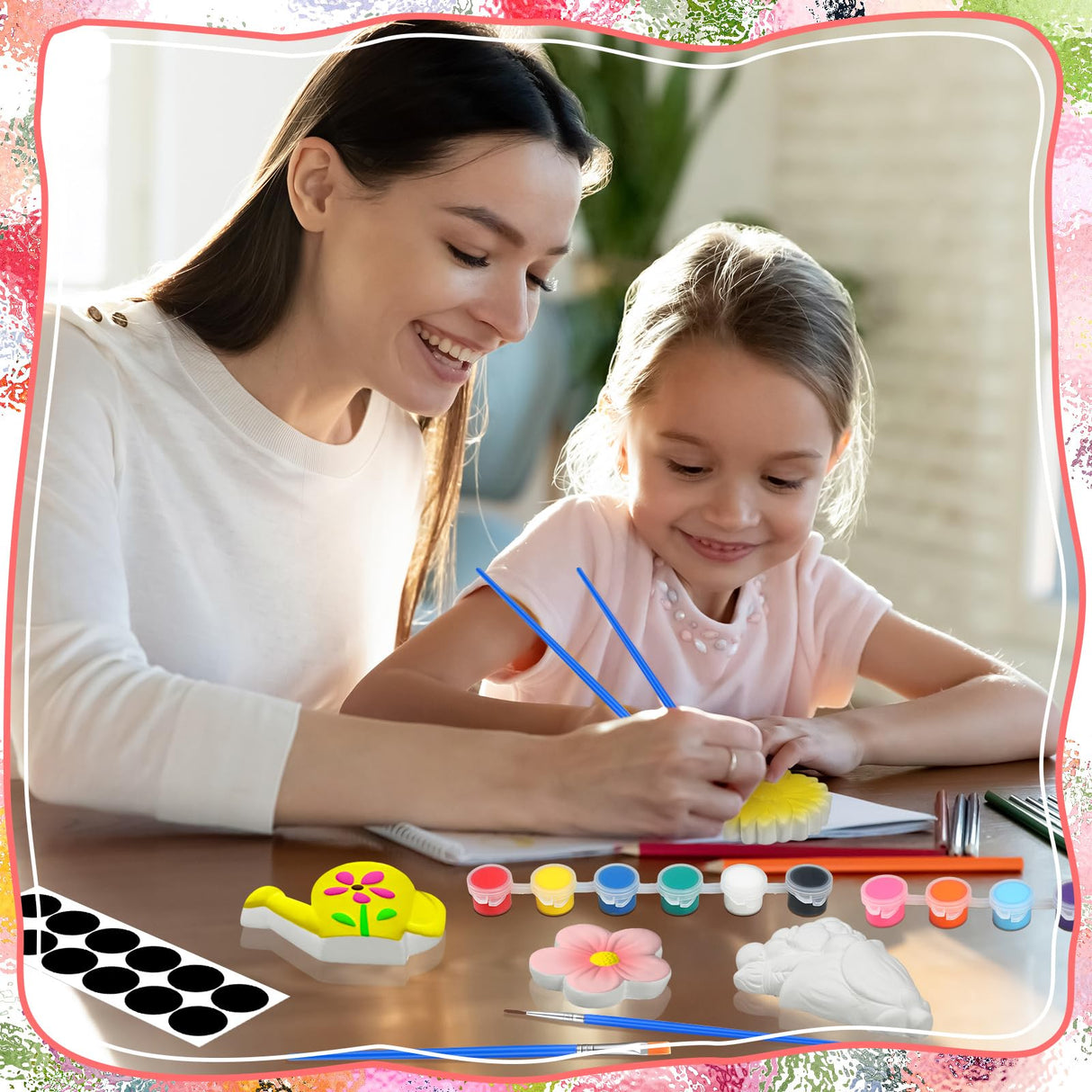 Simgoing 24 Sets Spring Kids Arts and Crafts Set Ceramic Painting Kit Unpainted Paintable Ceramics with 24 Magnet 4 Brushes and 2 Palette, Paint Your Own DIY Figurines for Toddler Boys Girls Simgoing