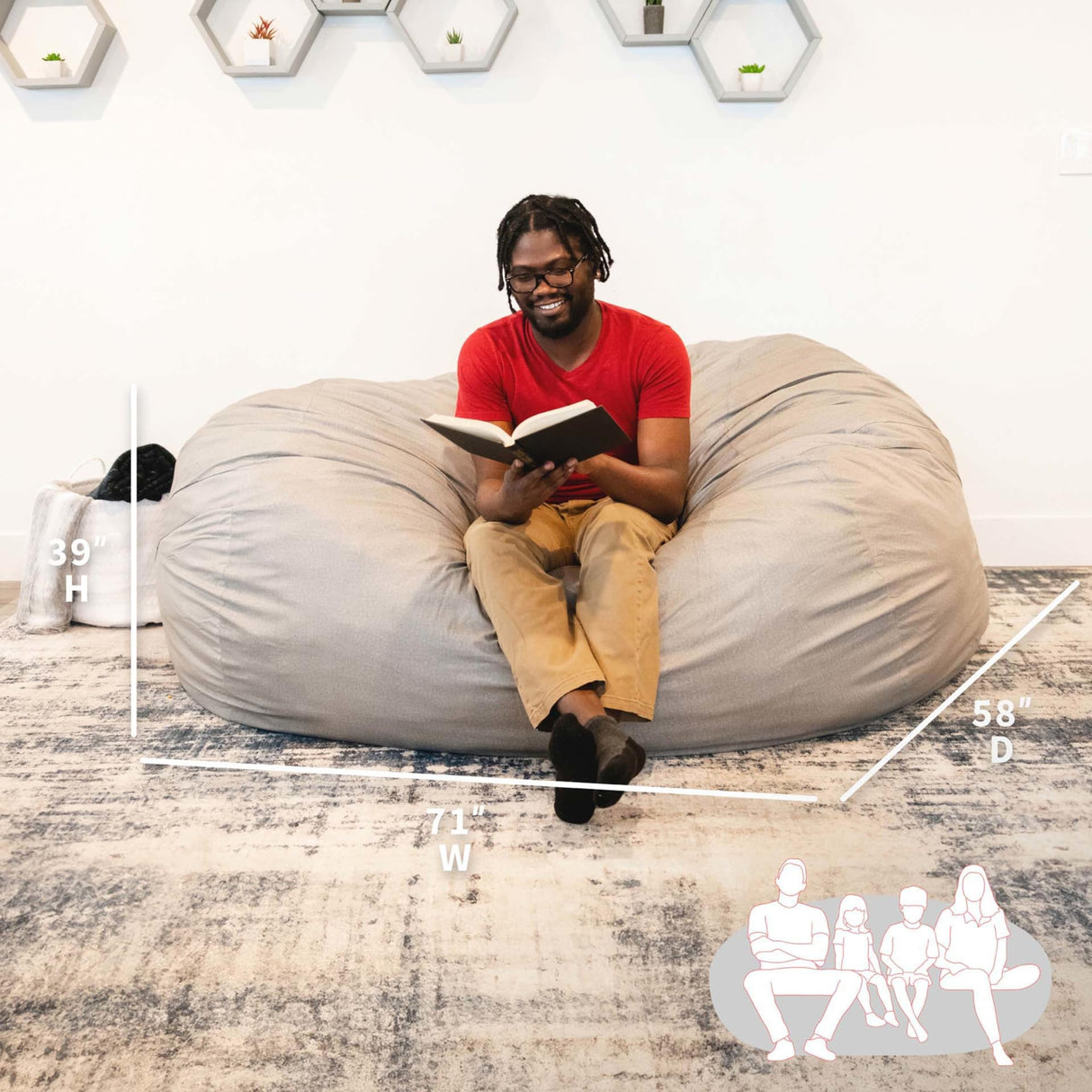 Big Joe Fuf XXL Foam Filled Bean Bag Chair with Removable Cover, Fog Lenox, Durable Woven Polyester, 6 feet Giant Big Joe