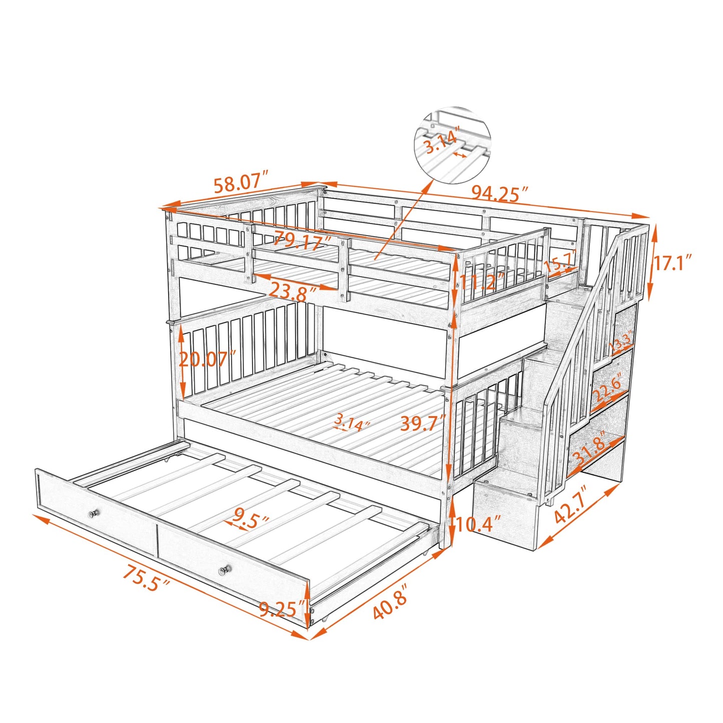 MERITLINE Wooden Bunk Bed Frame, Full Over Full Bunk Bed with Trundle, Bunk Beds with Stairs Full Size, Trundle Bunk Beds, Convertible Bunk Bed for Kids(Espresso)