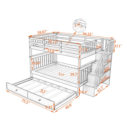 MERITLINE Wooden Bunk Bed Frame, Full Over Full Bunk Bed with Trundle, Bunk Beds with Stairs Full Size, Trundle Bunk Beds, Convertible Bunk Bed for Kids(Espresso)