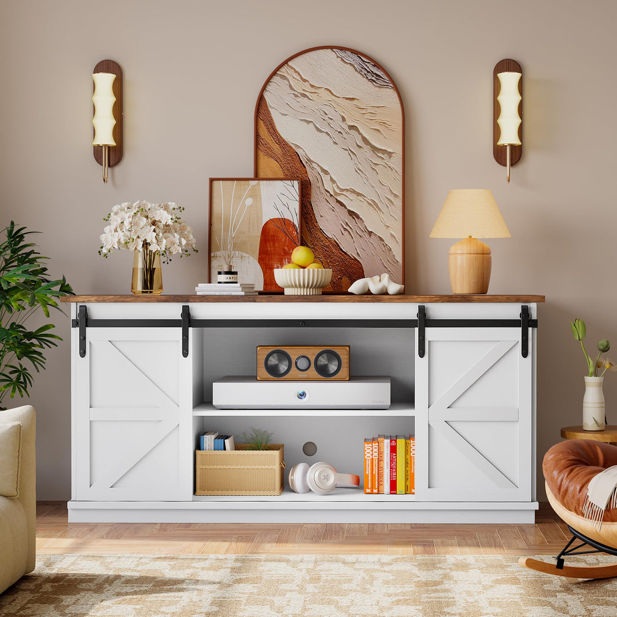 YESHOMY TV Stand for Televisions up to 65 Inchs, with Sliding Barn Doors and 4 Storage Drawers, Console Table and Media Furniture for Living Room, 58 Inch, Milk White YESHOMY