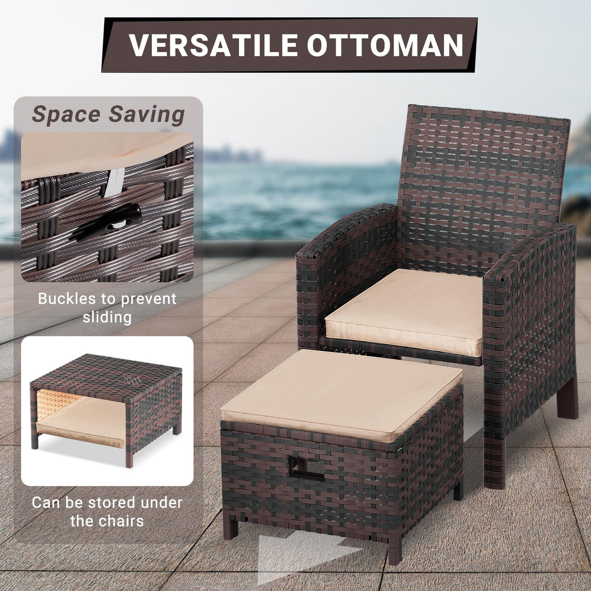 LEVELEVE Balcony Furniture 5 Piece Patio Conversation Set, PE Wicker Rattan Outdoor Lounge Chairs with Soft Cushions 2 Ottoman&Glass Table for Porch, Lawn-Brown Wicker LEVELEVE