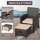 LEVELEVE Balcony Furniture 5 Piece Patio Conversation Set, PE Wicker Rattan Outdoor Lounge Chairs with Soft Cushions 2 Ottoman&Glass Table for Porch, Lawn-Brown Wicker LEVELEVE