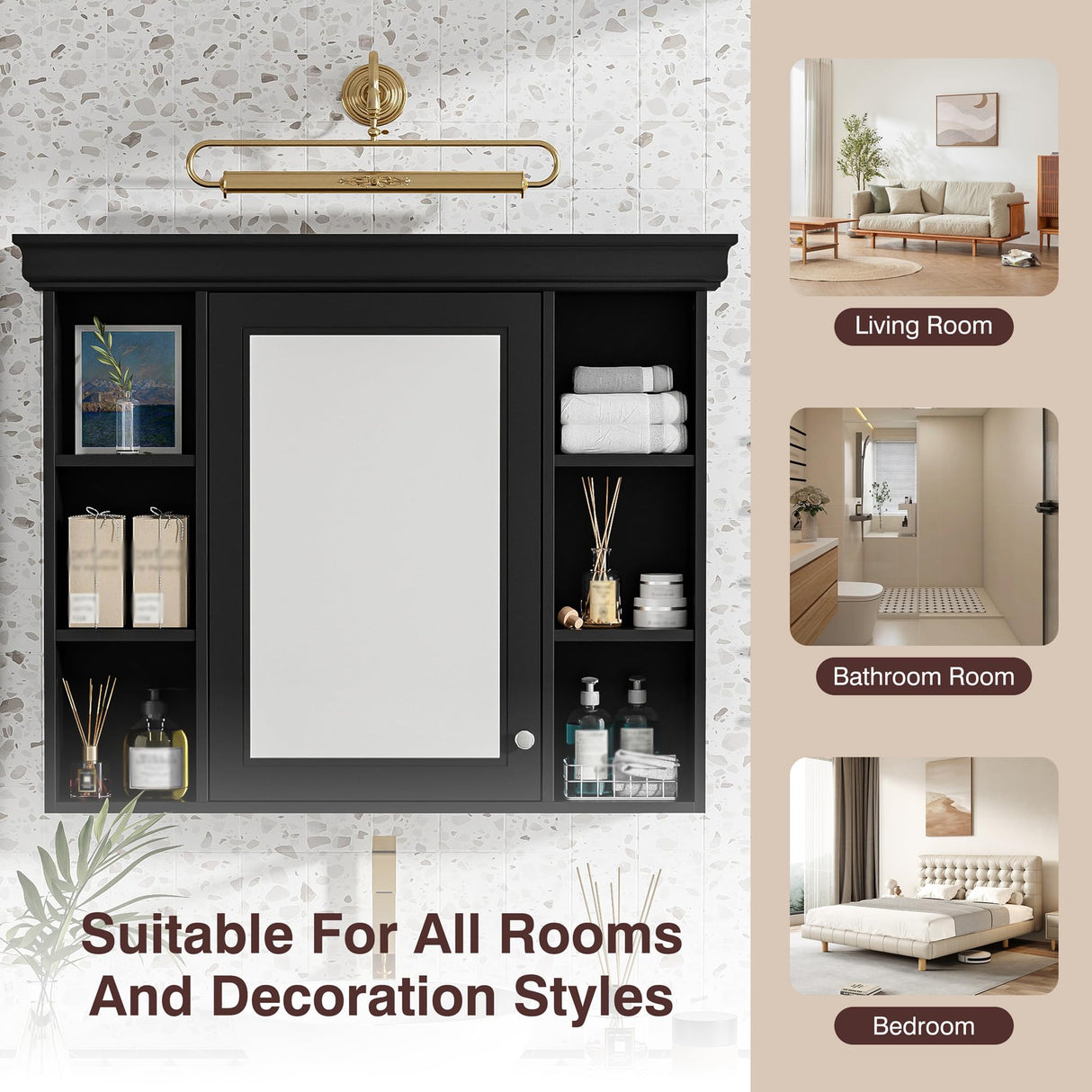 Virubi 36 Inch Wall Mounted Medicine Cabinet, Bathroom Storage Cabinet with Mirror Door and 6 Adjustable Open Shelf, Mirror Cabinet for Bathroom (Black) Virubi