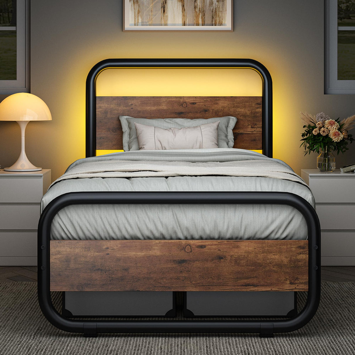 Catrimown Rustic Brown Twin Bed Frame with LED Headboard - Heavy Duty Metal Platform Design Catrimown