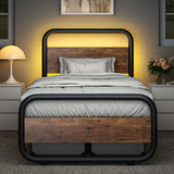 Catrimown Rustic Brown Twin Bed Frame with LED Headboard - Heavy Duty Metal Platform Design Catrimown