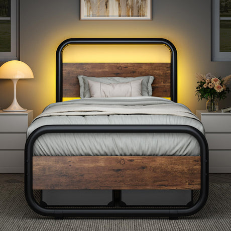 Catrimown Rustic Brown Twin Bed Frame with LED Headboard - Heavy Duty Metal Platform Design Catrimown