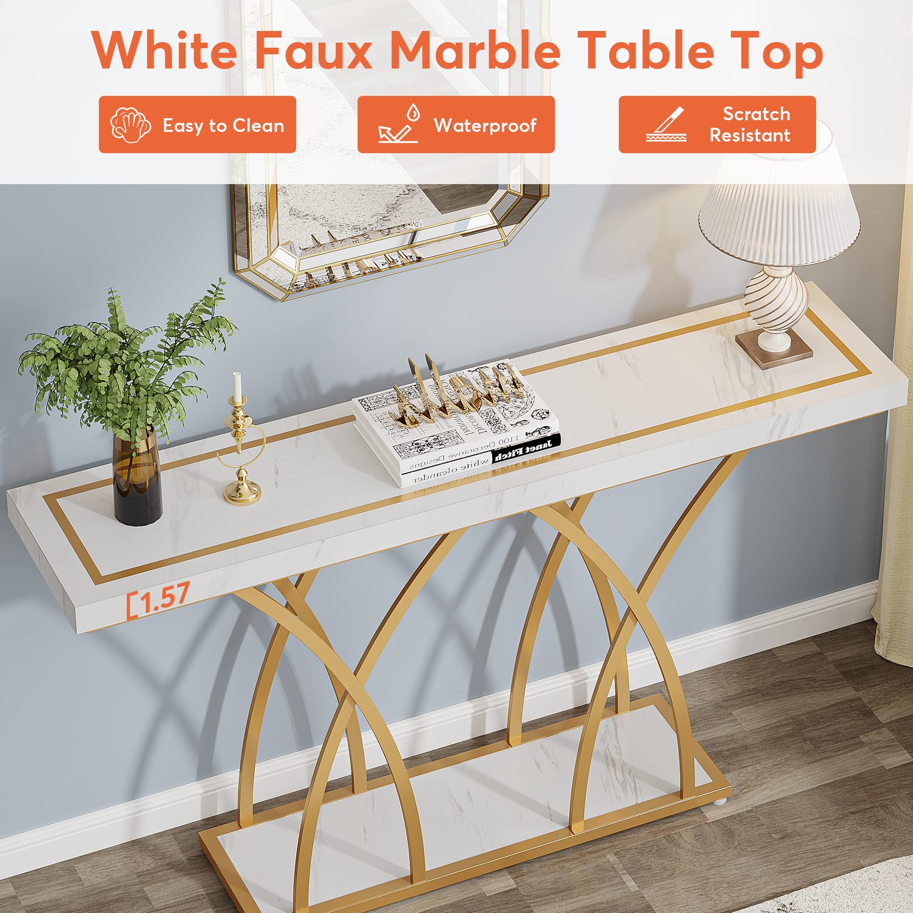 Tribesigns 55 Inch Gold Console Table, Modern Faux Marble Veneer Entryway Table Behind Sofa Couch, Narrow Long Hallway Table with Geometric Metal Legs for Living Room, White & Gold - WoodArtSupply