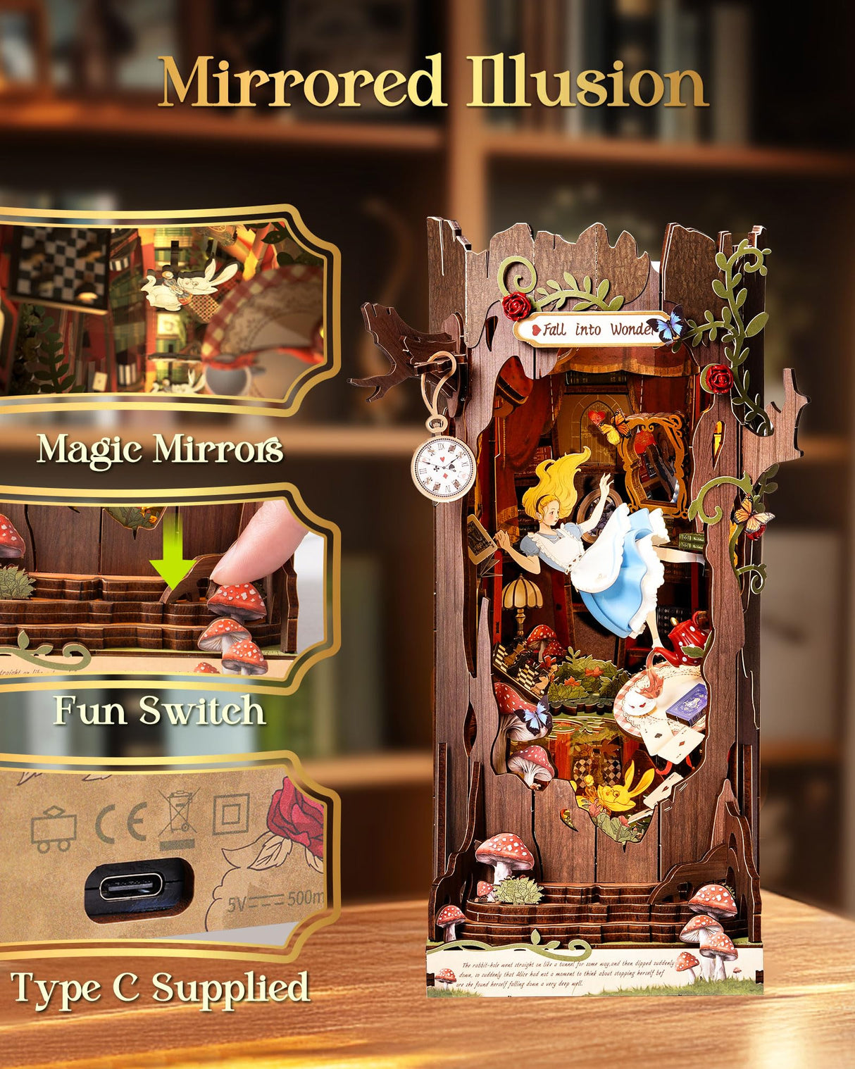 Rolife Book Nook Kit Fall into Wonder DIY Miniature Kit, 9.9" Tree Hollow Booknook 3D Wooden Puzzle with LEDs Fairy Tale Bookshelf Decor Gift for Adults & Teens Rolife