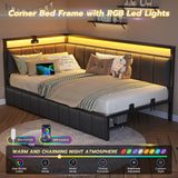 DICTAC Twin Size Bed Frame with 2 Storage Drawers & Charging Station twin Platform Corner Bed Frame with Led Lights Twin Daybed With Upholstered Guardrail for Living Room, Bedroom and Guest Room, Gray DICTAC