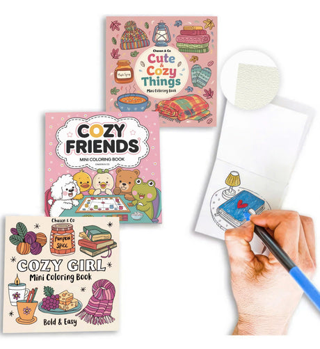 Chason & Co Mini Coloring Book Adult Bulk - Small Coloring Books for Adults | Bold and Easy, Cute Art for Teens & Women Stress Relief | 50 Pages x 3 Pack Travel Size + Bleed Guard Page (Cozy) CHASON & CO