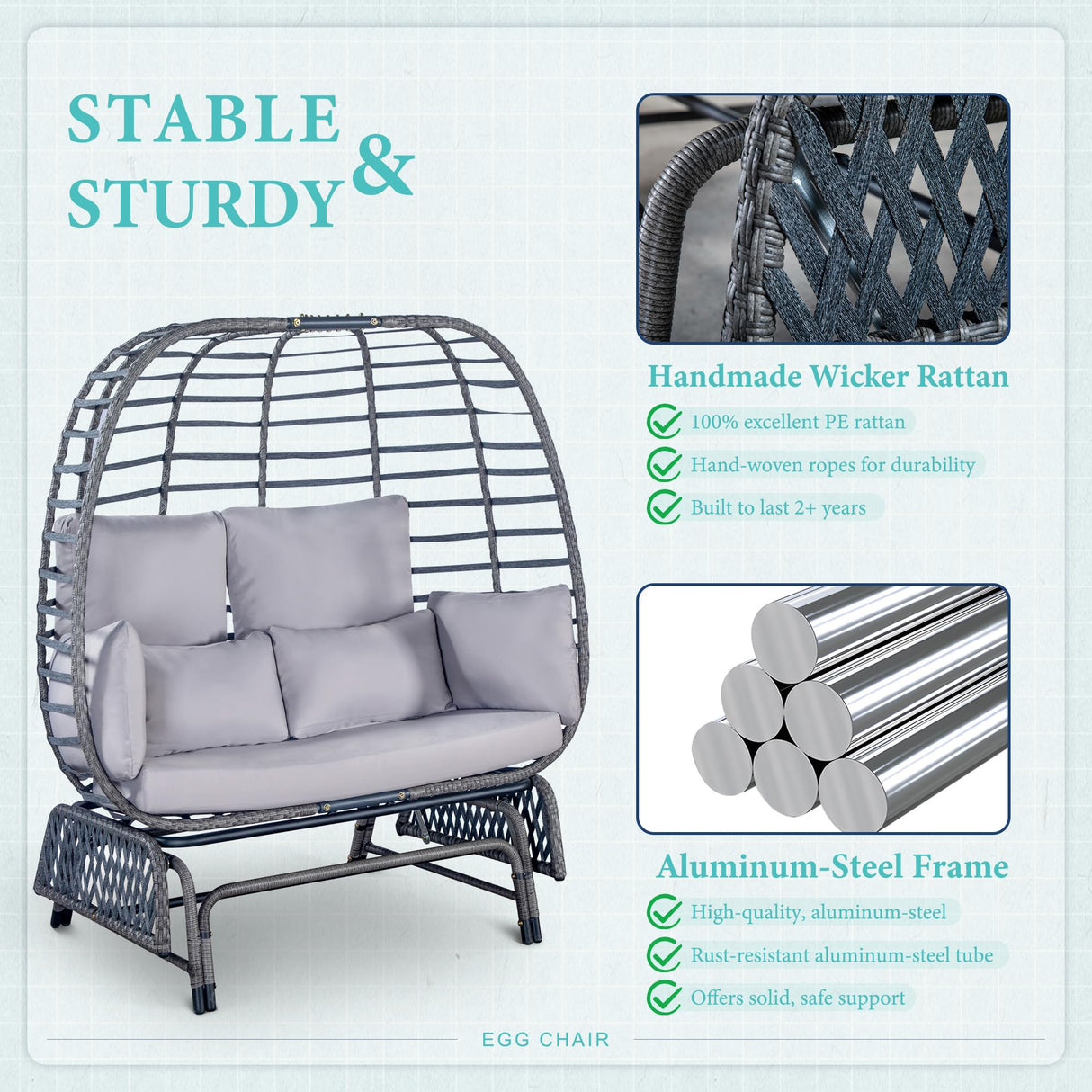 Outdoor Double Egg Chair Patio Chairs - 500lbs Capacity for 2 Person, Oversized Wicker Rocking Glider Chair with Steel Stand, Hand-Woven Lounge Chair Nest Loveseat for Indoor, Porch, Backyard, Balcony Brafab