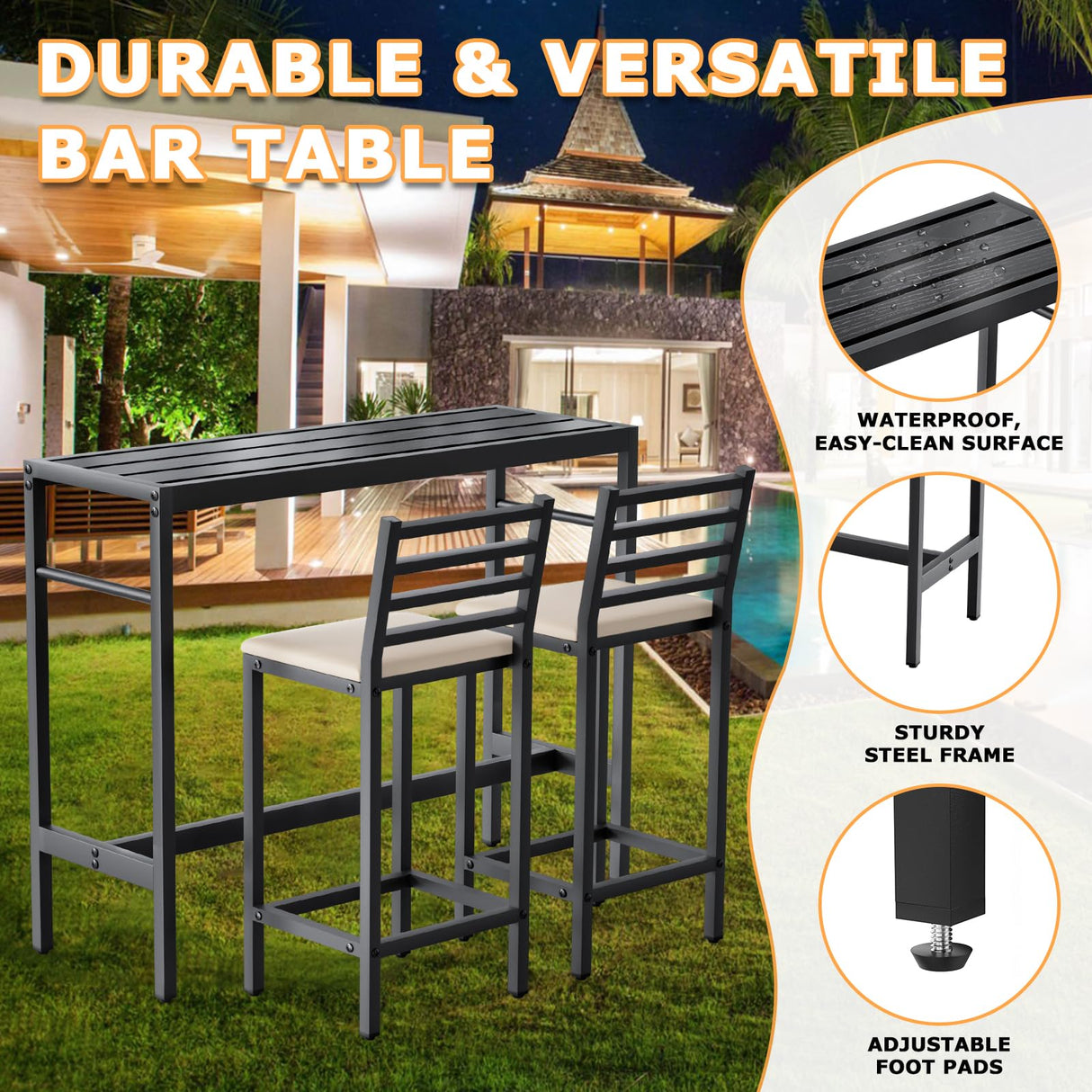 Jinrrenyi Outdoor Patio Bar Set 3 Piece,50" Rectangular Counter Height High Top Bar Tables, 2 Cushioned 41" Bar Stools, Metal Bar Table and Chairs Set for Poolside, Balcony, Backyard, Porch Jinrrenyi